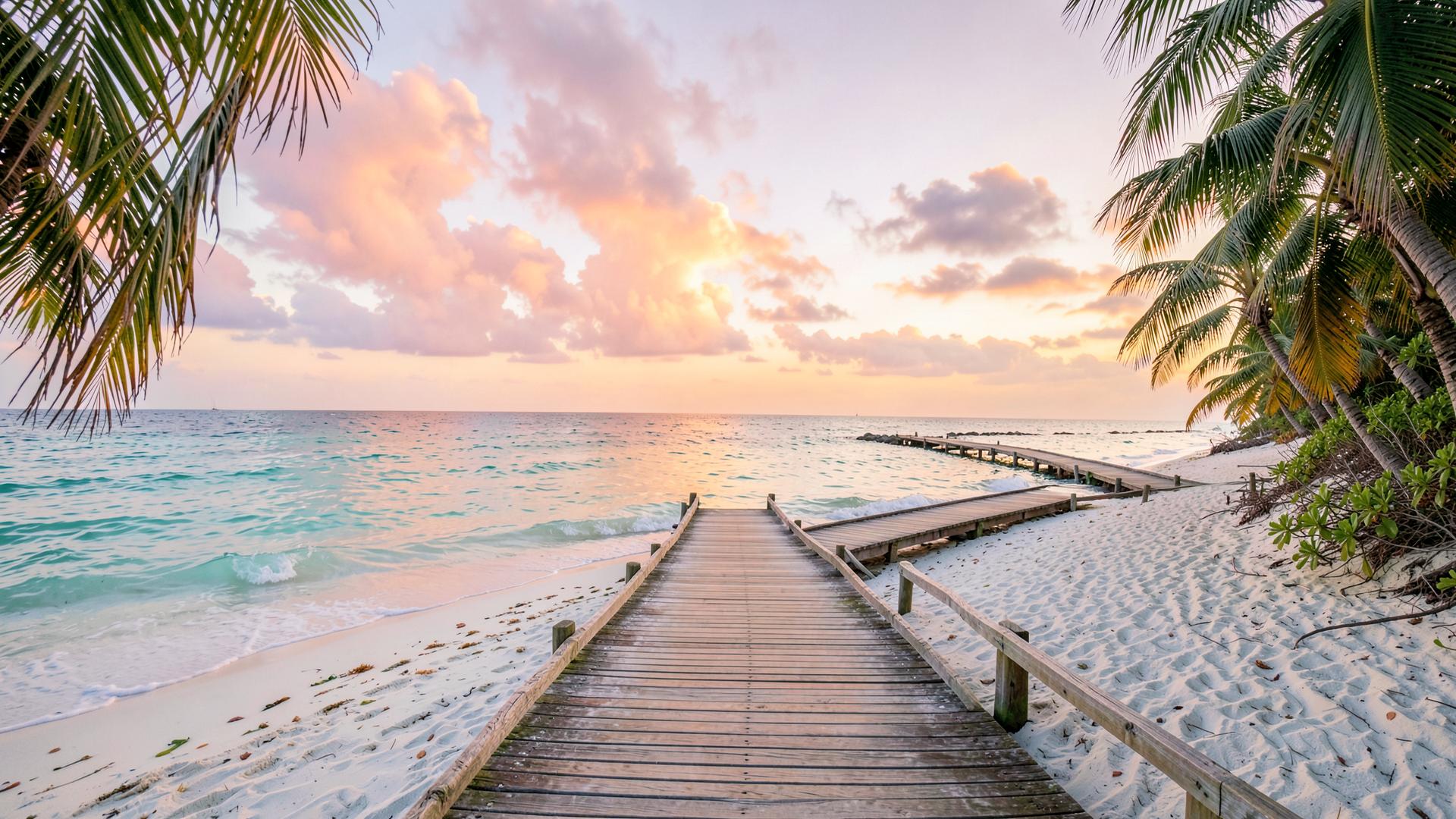 Tropical beach boardwalk at sunset